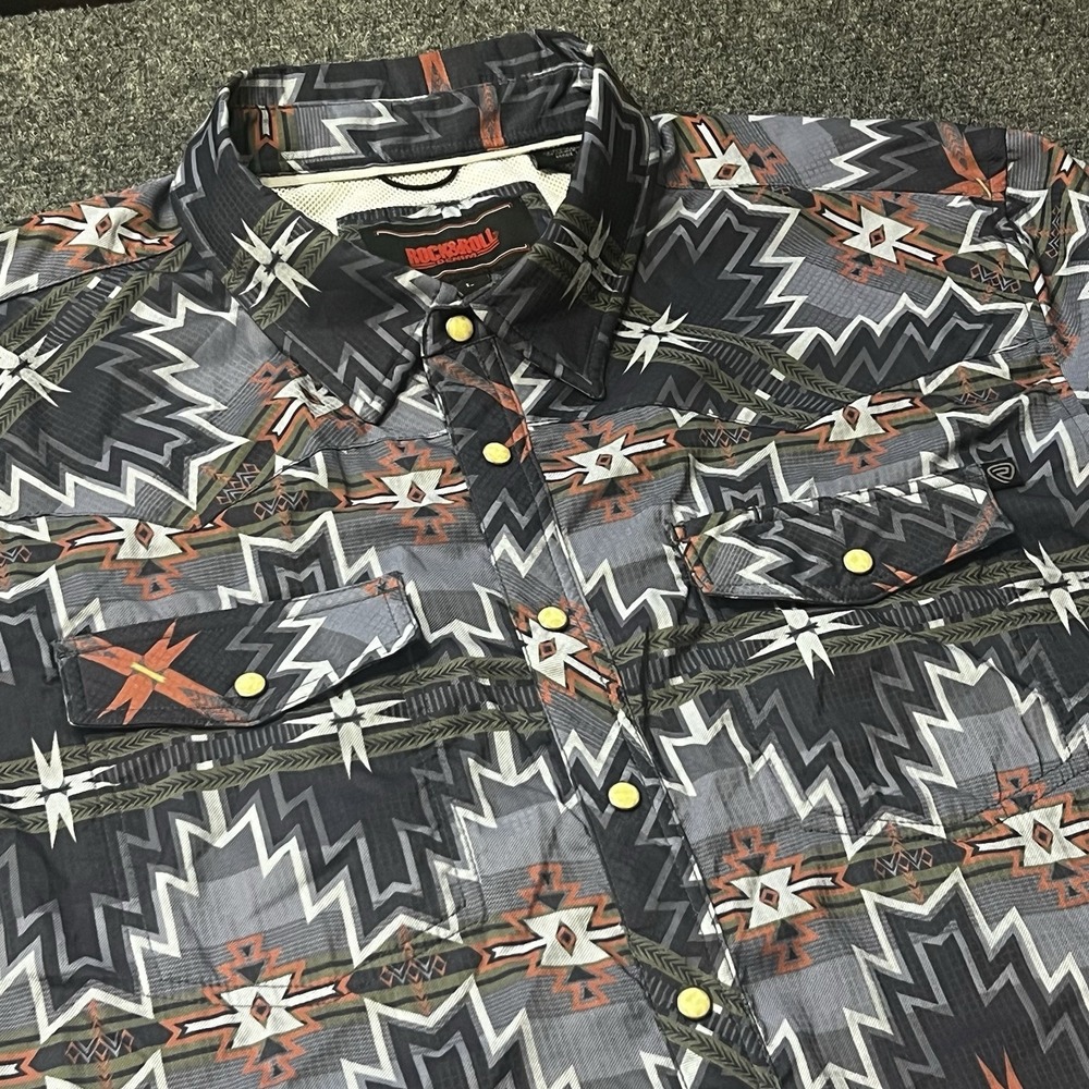 Rock & Roll Denim Shirt Mens Large Blue Aztec Pearl Snap Vented Lightweight